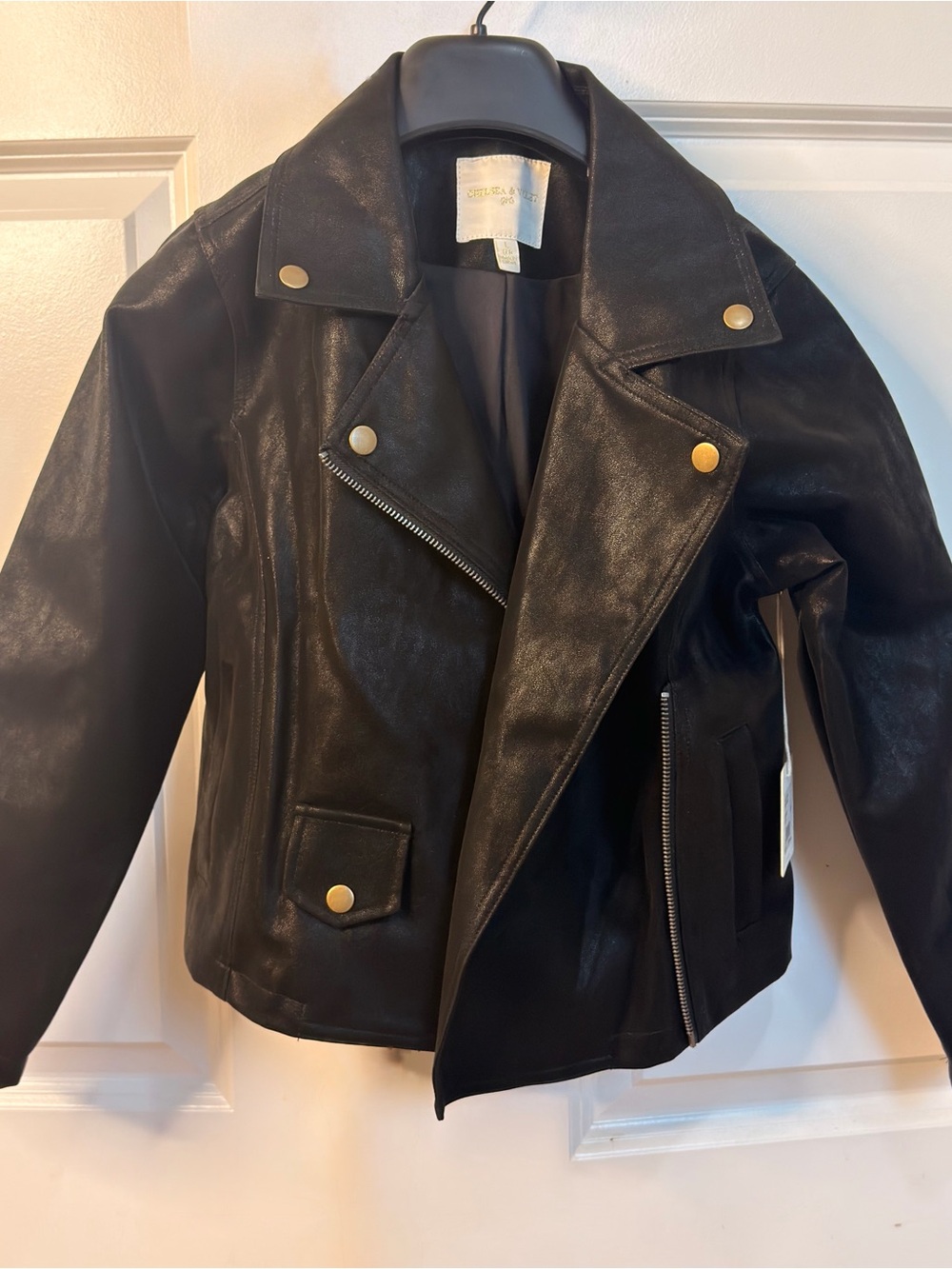 Chelsea & Violet Black Faux Leather Moto Jacket with Gold Hardware